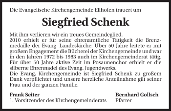 Traueranzeige von Siegfried Schenk 