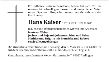 Traueranzeige von Hans Kaiser 