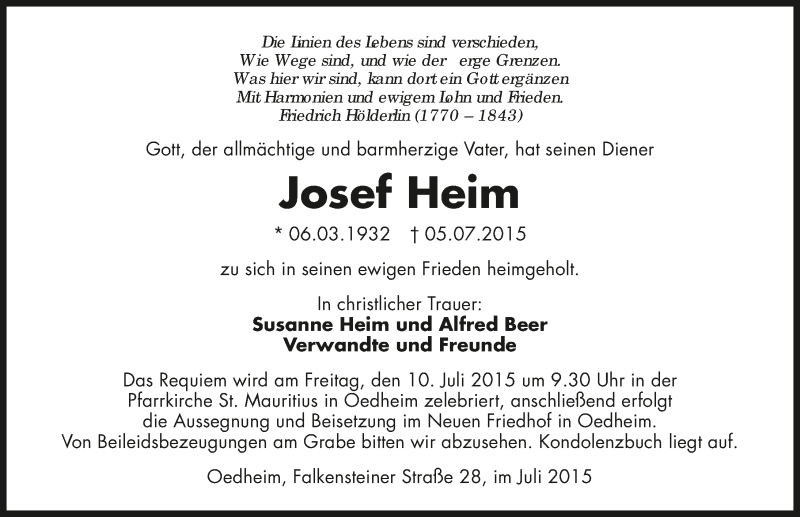  Traueranzeige für Josef Heim vom 07.07.2015 aus 