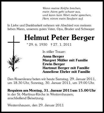 Traueranzeige von Helmut Peter Berger 