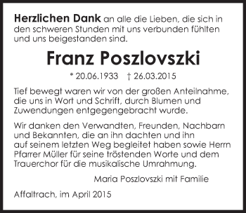 Traueranzeige von Franz Poszlovszki 