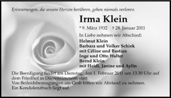 Traueranzeige von Irma Klein 