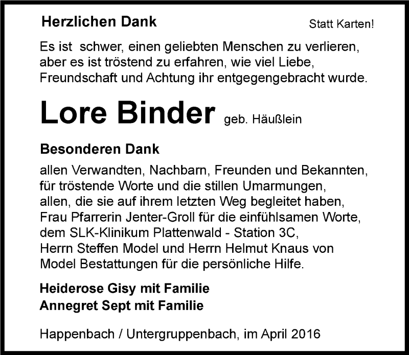  Traueranzeige für Lore Binder vom 09.04.2016 aus 