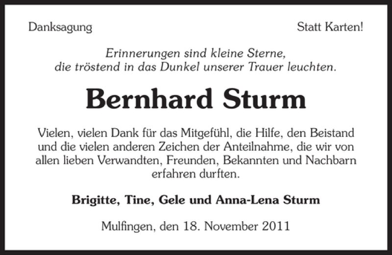  Traueranzeige für Bernhard Sturm vom 18.11.2011 aus 