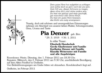 Traueranzeige von Pia Denzer 