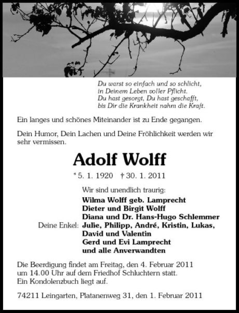  Traueranzeige für Adolf Wolff vom 01.02.2011 aus 