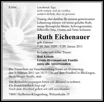 Traueranzeige von Ruth Eichenauer 