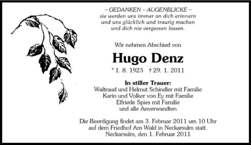  Traueranzeige für Hugo Denz vom 01.02.2011 aus 