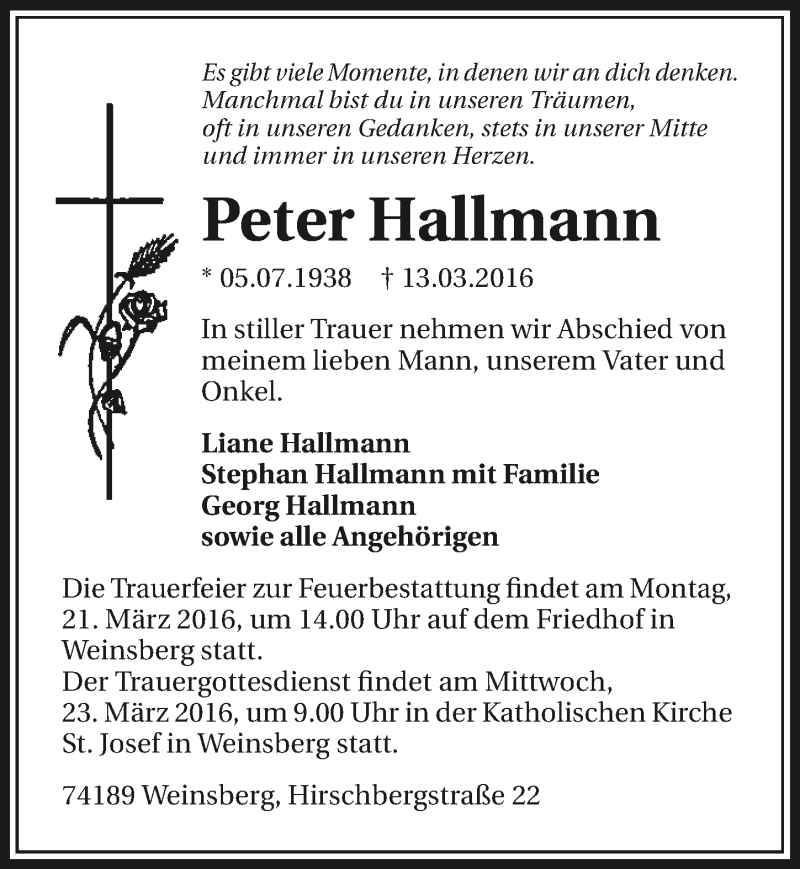  Traueranzeige für Peter Hallmann vom 16.03.2016 aus 