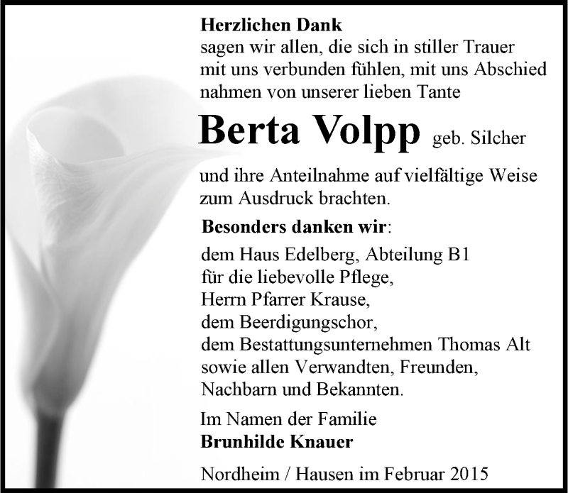  Traueranzeige für Berta Volpp vom 20.02.2015 aus 