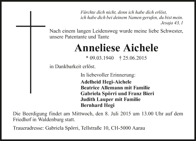  Traueranzeige für Anneliese Aichele vom 04.07.2015 aus 