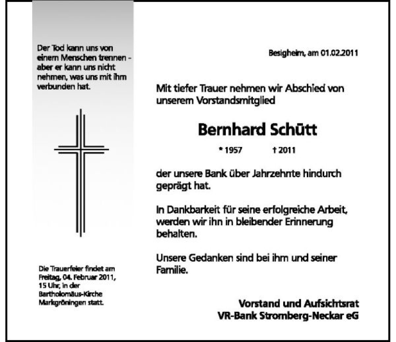  Traueranzeige für Bernhard Schütt vom 04.02.2011 aus 