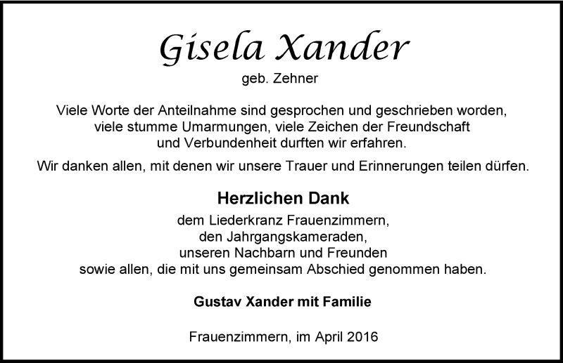  Traueranzeige für Gisela Xander vom 08.04.2016 aus 