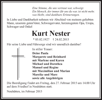 Traueranzeige von Kurt Nester 