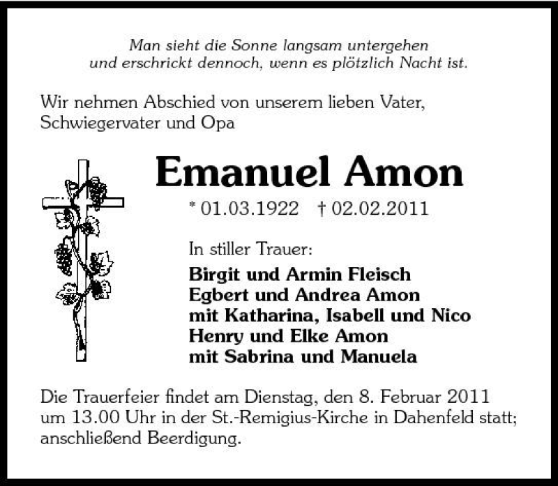  Traueranzeige für Emanuel Amon vom 05.02.2011 aus 