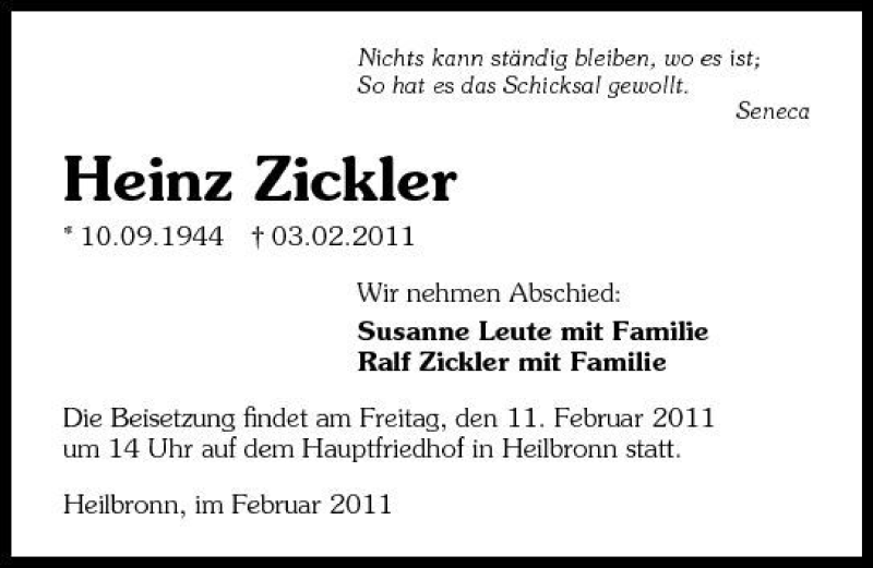  Traueranzeige für Heinz Zickler vom 05.02.2011 aus 