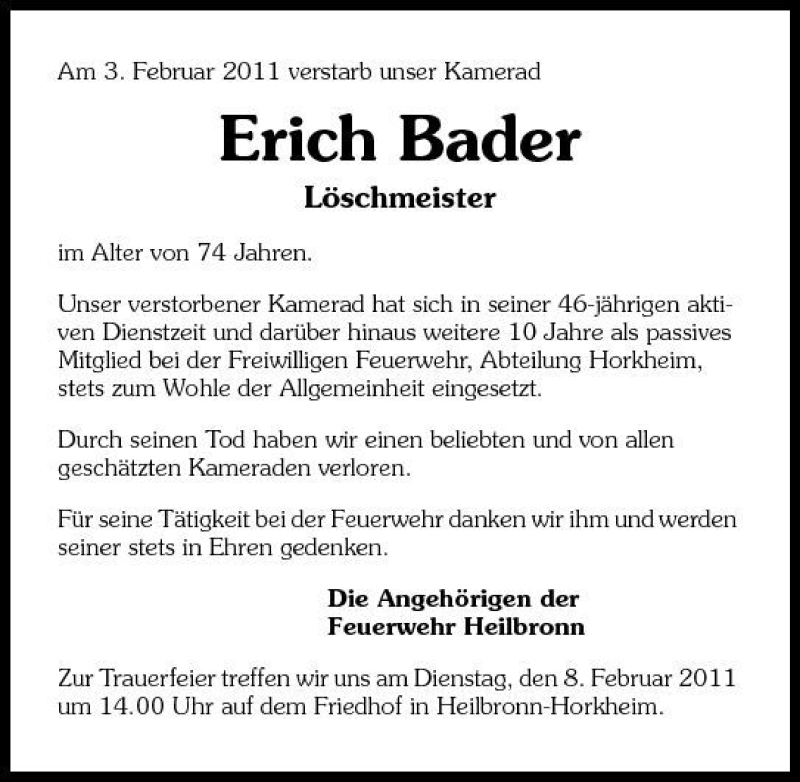  Traueranzeige für Erich Bader vom 05.02.2011 aus 