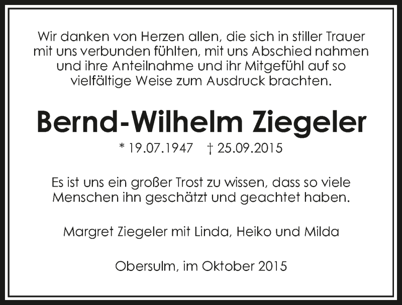  Traueranzeige für Bernd-Wilhelm Ziegeler vom 21.10.2015 aus 