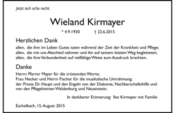 Traueranzeige von Wieland Kirmayer 
