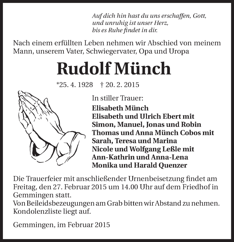  Traueranzeige für Rudolf Münch vom 24.02.2015 aus 