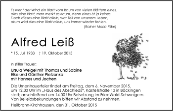 Traueranzeige von Alfred Leiß 