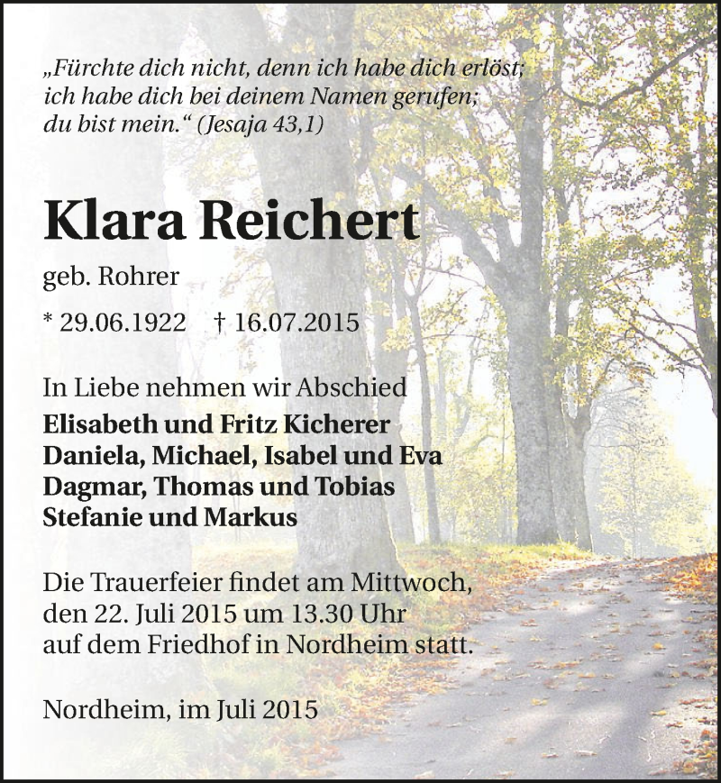  Traueranzeige für Klara Reichert vom 18.07.2015 aus 