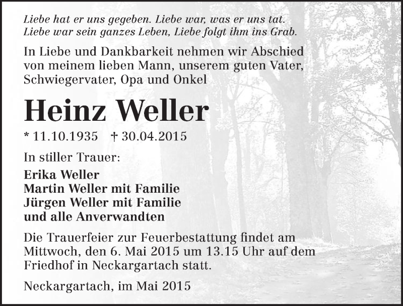  Traueranzeige für Heinz Weller vom 04.05.2015 aus 