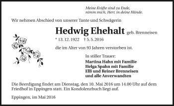 Traueranzeige von Hedwig Ehehalt 