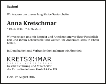 Traueranzeige von Anna Kretschmar 