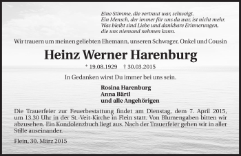 Traueranzeige von Heinz Werner Harenburg 