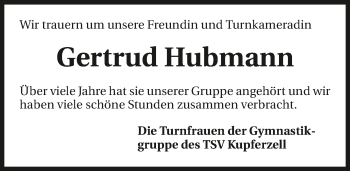Traueranzeige von Gertrud Hubmann 