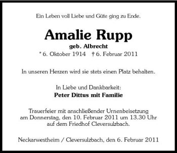 Traueranzeige von Amalie Rupp 