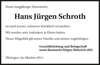 Traueranzeige von Hans Jürgen Schroth 