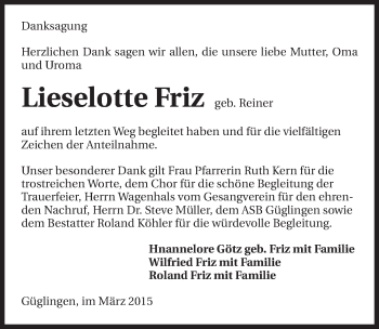 Traueranzeige von Lieselotte Friz 