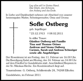 Traueranzeige von Sofie Ostberg 