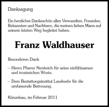 Traueranzeige von Franz Waldhauser 