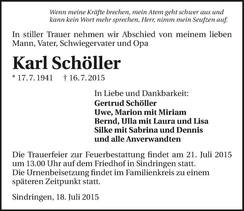  Traueranzeige für Karl Schöller vom 18.07.2015 aus 