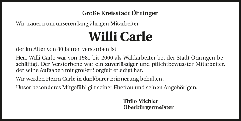  Traueranzeige für Willi Carle vom 29.01.2016 aus 