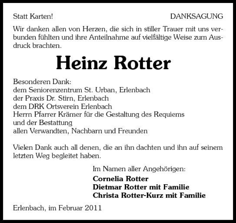  Traueranzeige für Heinz Rotter vom 12.02.2011 aus 