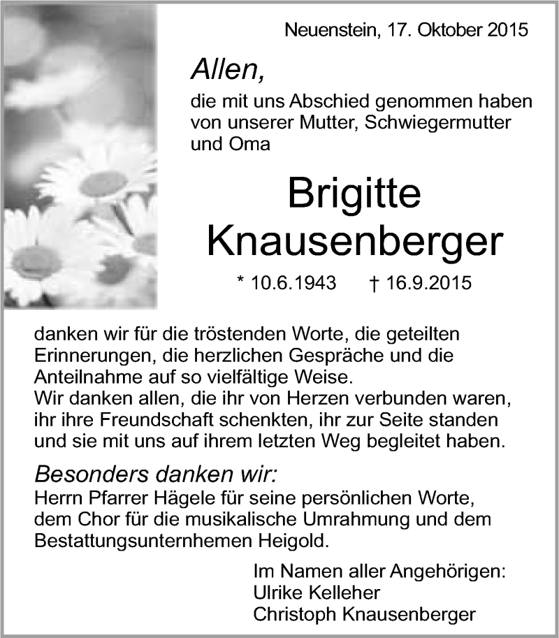  Traueranzeige für Brigitte Knausenberger vom 17.10.2015 aus 
