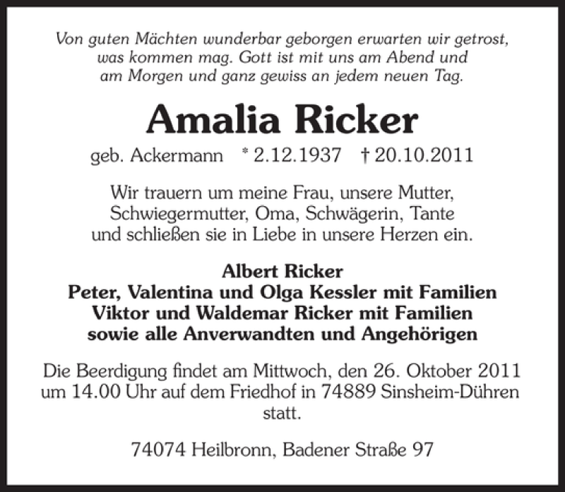  Traueranzeige für Amalia Ricker vom 24.10.2011 aus 