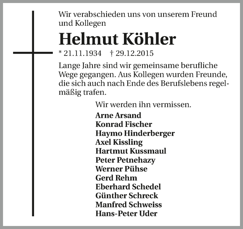 Traueranzeige für Helmut Köhler vom 05.01.2016 aus 