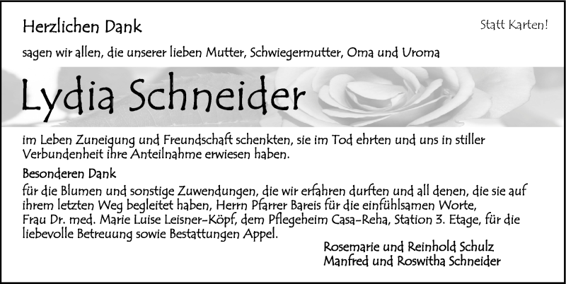  Traueranzeige für Lydia Schneider vom 26.03.2015 aus 
