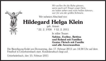 Traueranzeige von Hildegard Helga Klein 