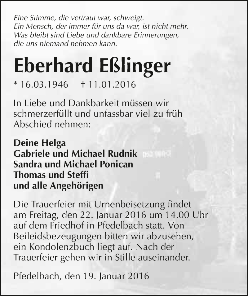  Traueranzeige für Eberhard Eßlinger vom 19.01.2016 aus 