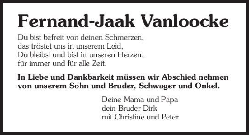  Traueranzeige für Fernand-Jaak Vanloocke vom 16.02.2011 aus 