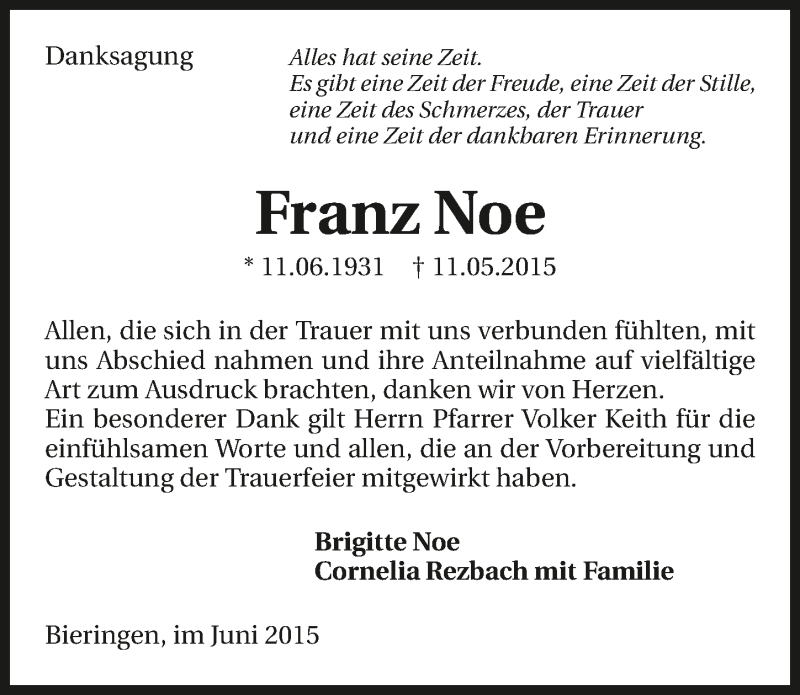  Traueranzeige für Franz Noe vom 03.06.2015 aus 