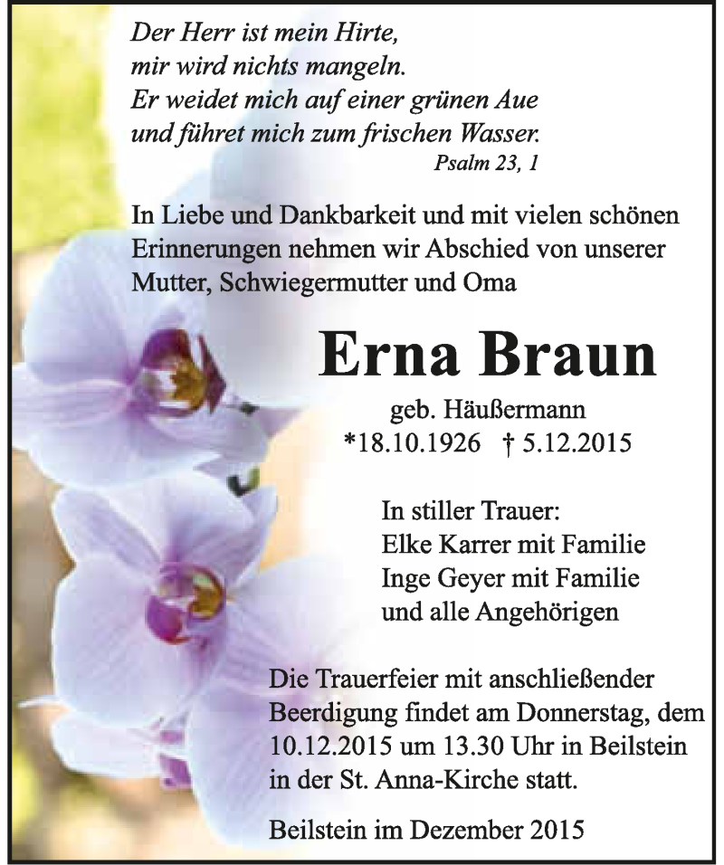  Traueranzeige für Erna Braun vom 08.12.2015 aus 