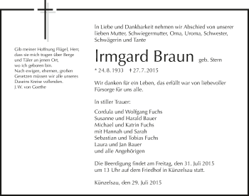 Traueranzeige von Irmgard Braun 