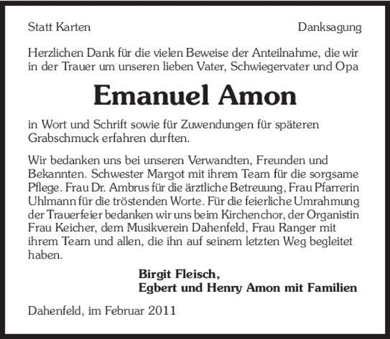  Traueranzeige für Emanuel Amon vom 18.02.2011 aus 